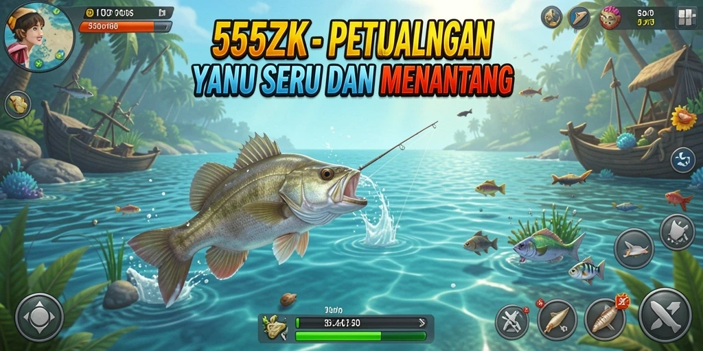 Screenshot gameplay memancing di 555ZK dengan berbagai jenis ikan.