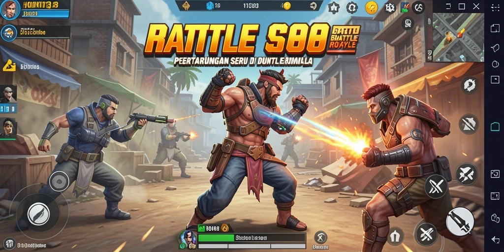 Tangkapan layar gameplay HOKI138 menunjukkan aksi pertempuran yang intens di peta luas.