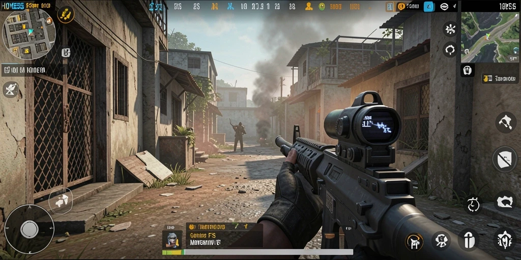 Screenshot menunjukkan aksi menembak intens dalam gameplay HOYE55.