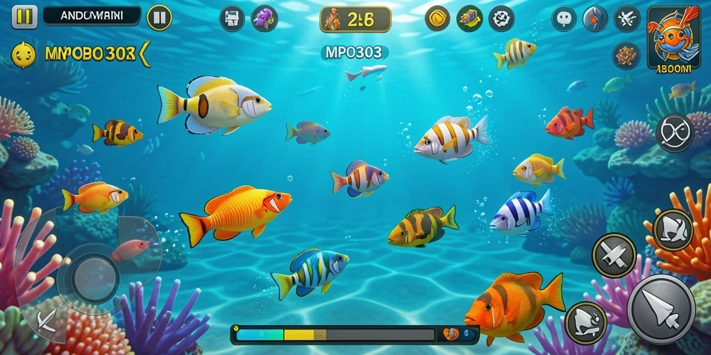 Screenshot gameplay MPO303 dengan aksi menembak ikan.