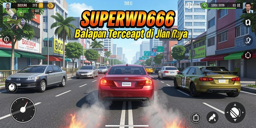 Screenshot gameplay SUPERWD666 menampilkan aksi balapan yang mendebarkan.